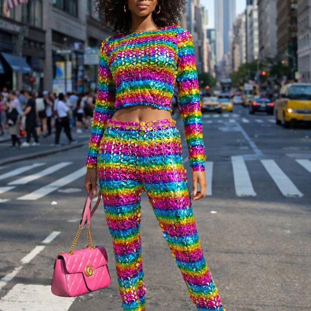 Rainbow Sequin Two-Piece Set ✨ Crop Top & Pants | Festival / Party Statement Out